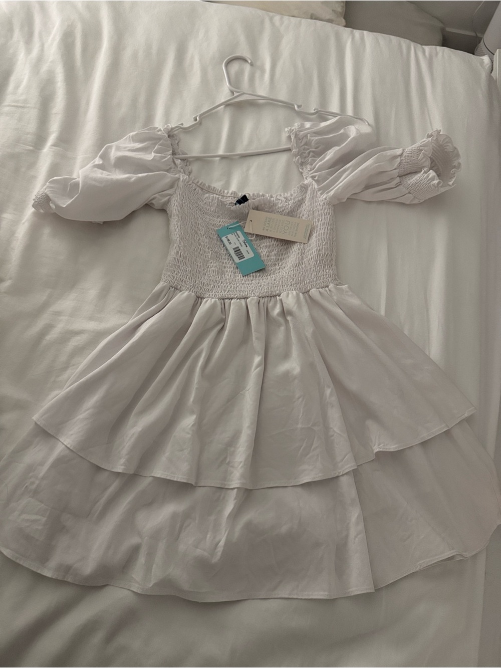 White Smocked Puff Sleeve Mini Dress